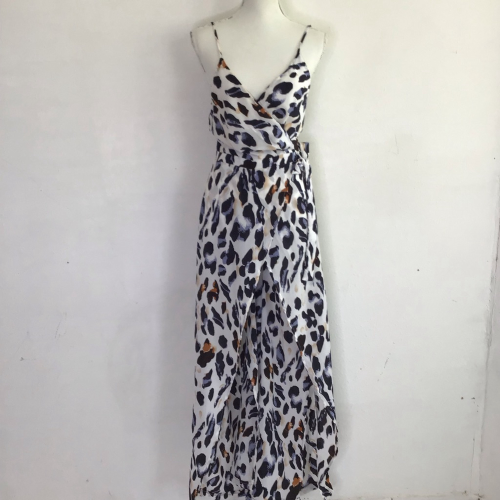 TCEC Women Elegant Leopard Print Wide Wrap Legs Jumpsuit S White Black